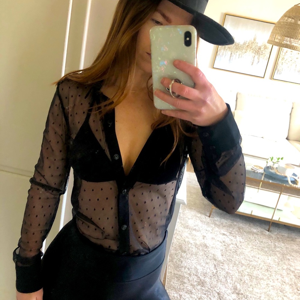 Black Polka Dot Mesh Button Up
